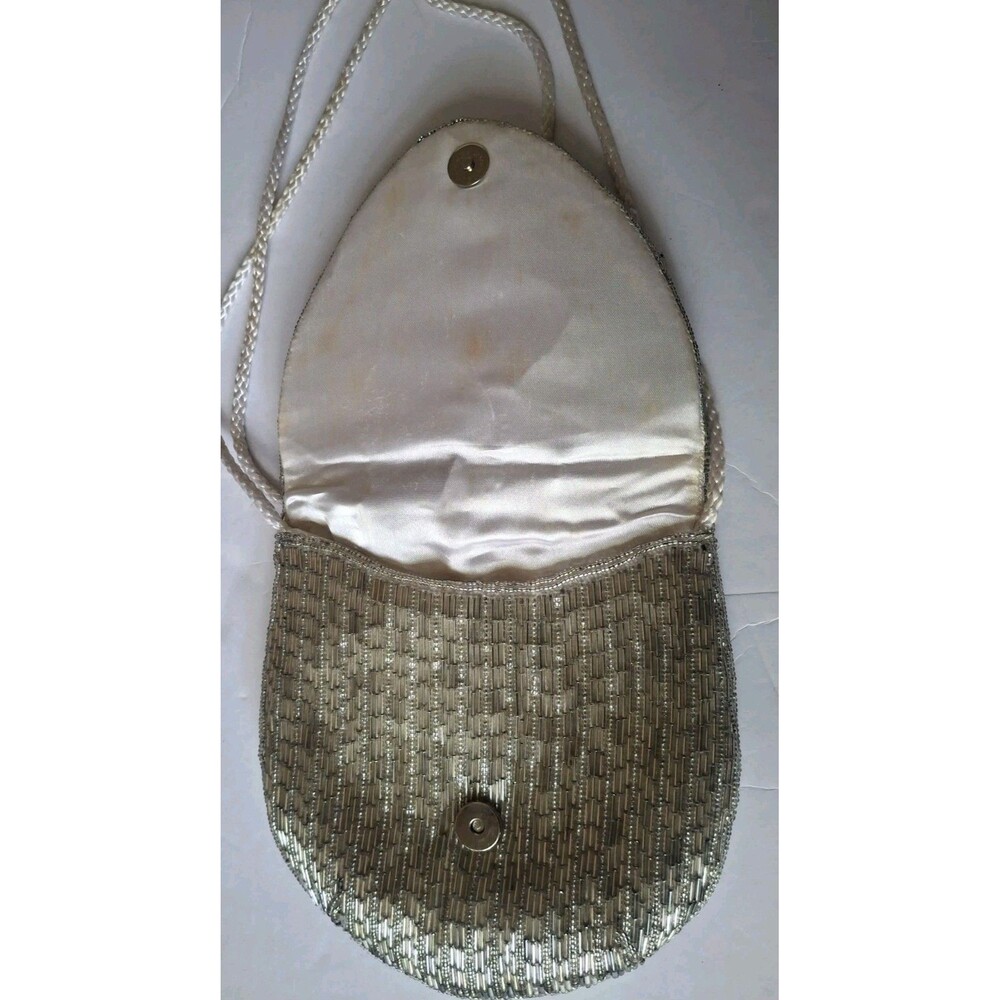 Magid Beaded Art Deco Evening Purse Chain Strap Silver Beaded Satin Lined - Picture 3 of 7
